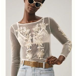ANTHROPOLOGIE Maeve Size XL Sheer Embellished Top Whitr/Ecru Ethereal $98 NEW